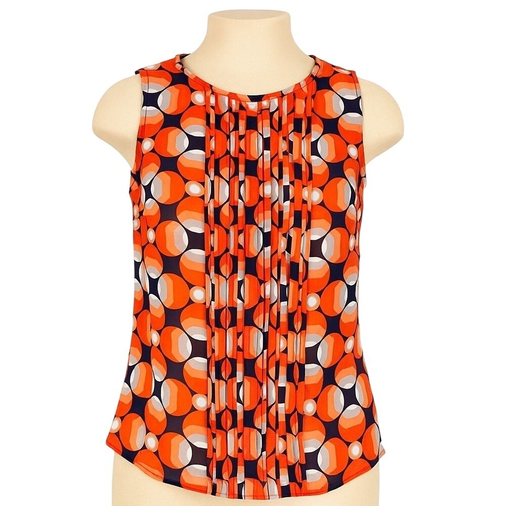Banana Republic Orange Sleeveless Pleated Top‎ Women's M Geometric Round Neck